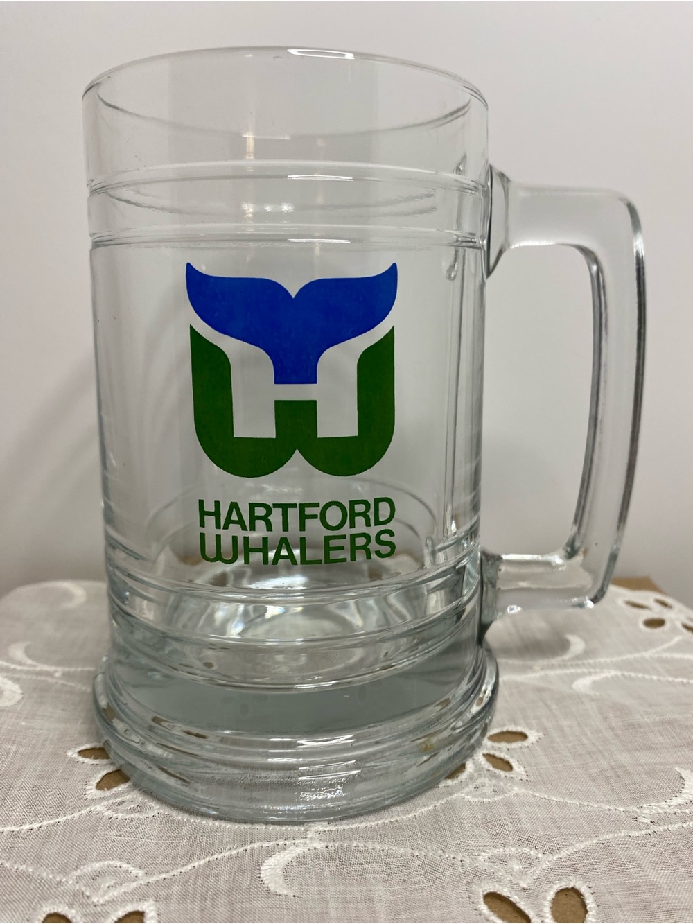 Vintage NHL Hartford Whalers Logo Glass Mug Hockey Clear Beer Stein